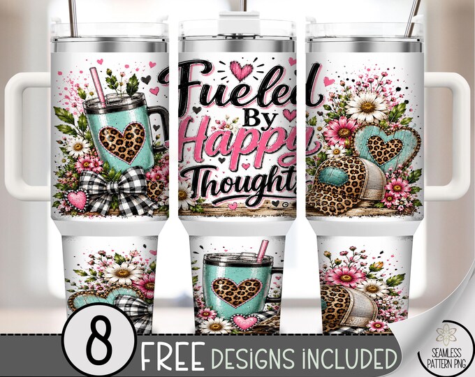Happy Thoughts 40 oz Tumbler Wrap, Leopard Floral Sublimation Design, Digital Download, B10350