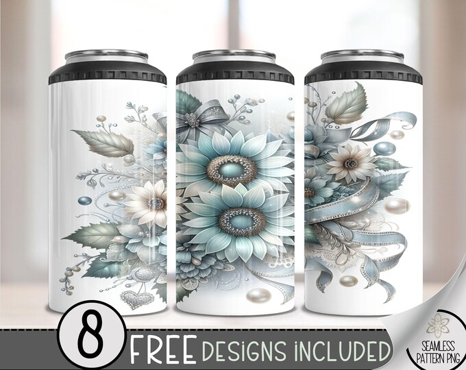 Blue Coquette Sunflowers 4 in 1 Can Cooler Wrap, Grandmillenial 4in1 Tumbler PNG,  Blue Bow Glitter 16 Oz Can Cooler Sublimation Design