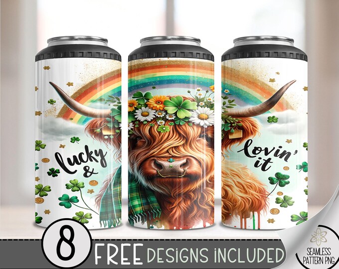 Lucky Highland Cow 4 in 1 Can Cooler Wrap, St Patrick's Day 4in1 Tumbler PNG,Irish 16 Oz Can Cooler Sublimation Design Seamless Shamrock PNG