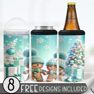 Christmas Gingerbread 4in1 Can Cooler Wrap, Teal Xmas 4 in 1 Tumbler PNG, Cute Gingerbread Man 16 Oz Can Cooler Sublimation Design, Winter