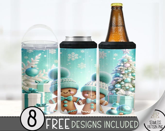Christmas Gingerbread 4in1 Can Cooler Wrap, Teal Xmas 4 in 1 Tumbler PNG, Cute Gingerbread Man 16 Oz Can Cooler Sublimation Design, Winter