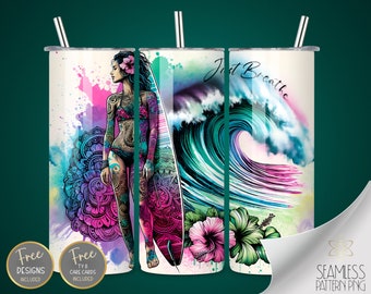 Girl Surfer Tumbler Wrap, Tattoo Girl Sublimation File, Hibiscus Mandala Tumbler, Just Breathe PNG, 20oz Straight Tumbler Wrap, Surf Tumbler