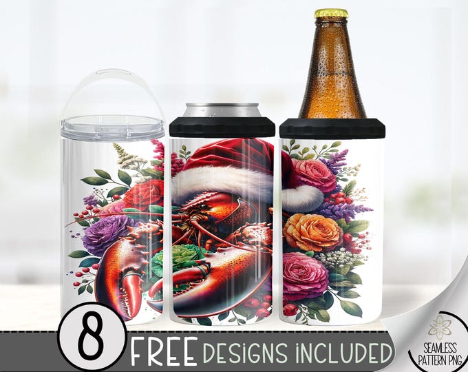 Cute Christmas Lobster Hard Can Cooler Design, Tropical 16oz Slim Can Cooler PNG, Xmas 4in1 Can Cooler Tumbler Wrap, Floral Stubby Can Wrap