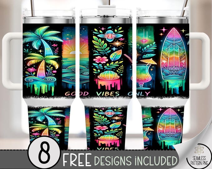 Tropical Neon 40 oz Tumbler Wrap, Sublimation Digital Download, Summer Vibes, Bright Colors PNG, A617