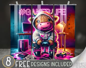 Highland cow gamer tumbler wrap, cute gamer life tumbler wrap, gamer 20Oz skinny tumbler sublimation design, gaming tumbler Png, cute cow