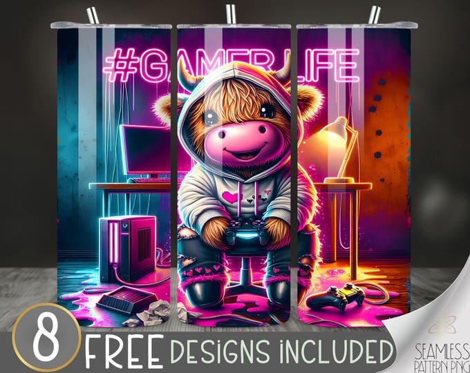 Highland cow gamer tumbler wrap, cute gamer life tumbler wrap, gamer 20Oz skinny tumbler sublimation design, gaming tumbler Png, cute cow