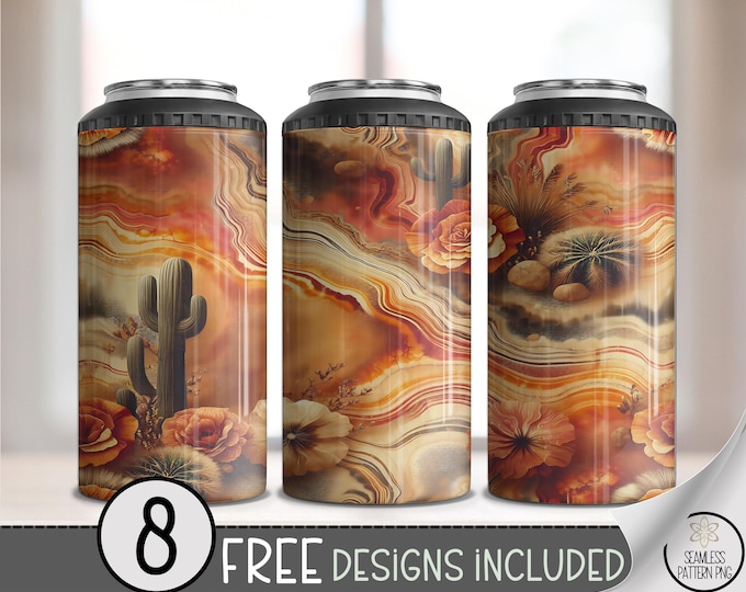 Seamless Cactus 4in1 Can Cooler Wrap, Rustic Desert Sublimation Art for Natural Design A541