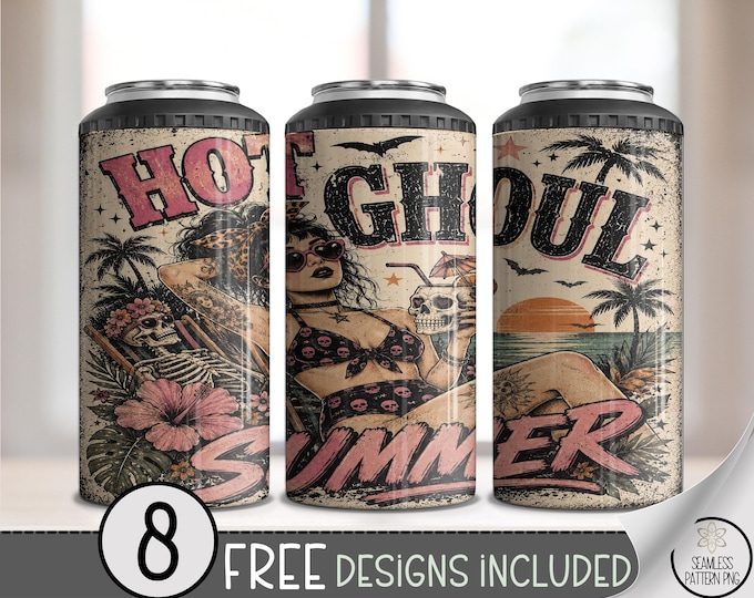 Hot Ghoul Summer 4-in-1 Can Cooler Wrap, Retro Skeleton Sublimation Design, Digital Download, B10351