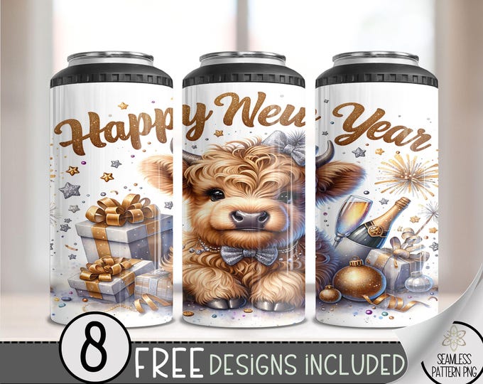 Highland Cow 4in1 Can Cooler Wrap, Happy New Year 4 in 1 Tumbler PNG, NYE 16 Oz Can Cooler Sublimation Design, Cute Cow Can Holder Wrap
