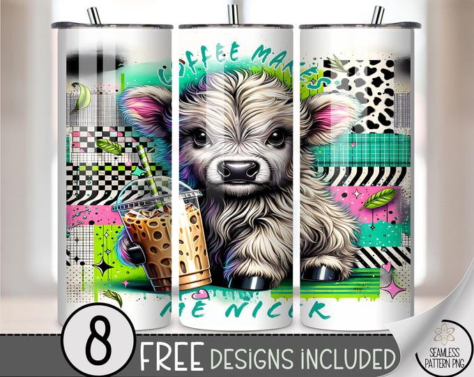 Highland Cow PNG - Adorable Calf 20 Oz Tumbler Wrap, Funky Design For Sublimation, B942