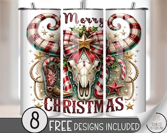 Festive 20 oz tumbler wrap: Western Longhorn Skull Christmas Digital Download Sublimation Design for Skinny Tumblers, Rustic PNG Files A490