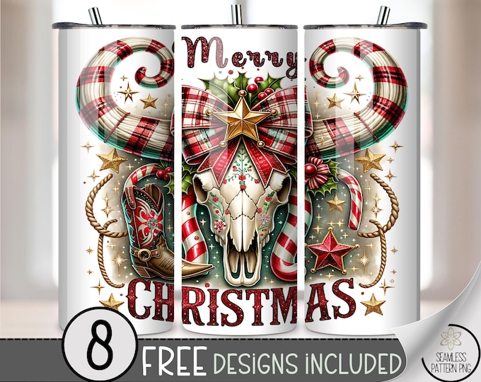 Festive 20 oz tumbler wrap: Western Longhorn Skull Christmas Digital Download Sublimation Design for Skinny Tumblers, Rustic PNG Files A490