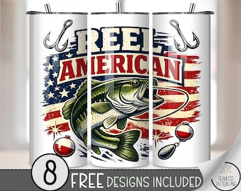 Reel American PNG, Patriotic Sublimation Design, 20 oz Tumbler Wrap, Largemouth Bass, Digital Download, B10041