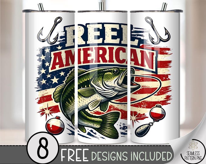 Reel American PNG, Patriotic Sublimation Design, 20 oz Tumbler Wrap, Largemouth Bass, Digital Download, B10041