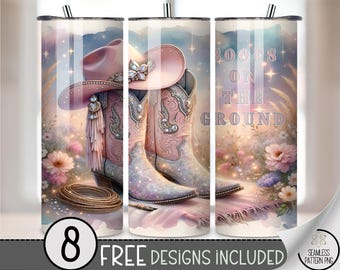Boots On The Ground 20 oz Tumbler Wrap PNG, Glitter Cowgirl Boots Hat Floral Western Sublimation Design, Country Pink Rodeo Wrap, A306