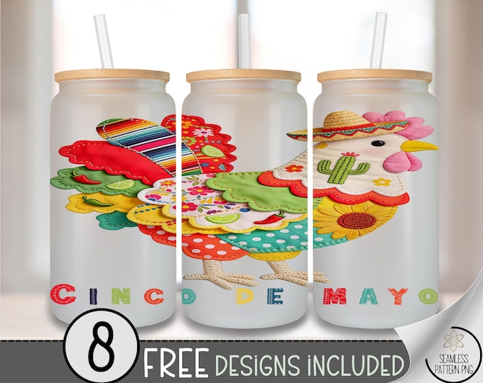 Cinco De Mayo Glass Can Wrap, Colorful Hen 16oz Glass Tumbler Sublimation Design, Mexican Folk Art PNG File, Trendy Beer Can Glass B10067