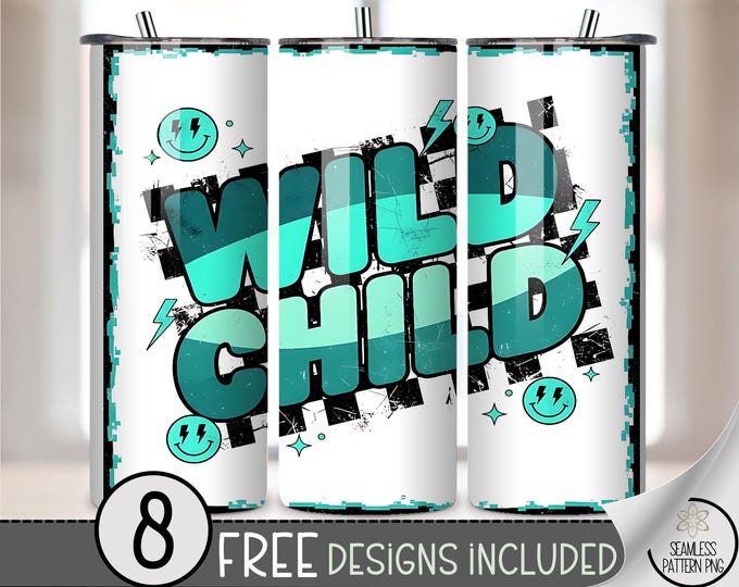 Wild Child 20 oz PNG, Retro Sublimation Design, Teal Typography, Edgy Funky, Digital Download, A664
