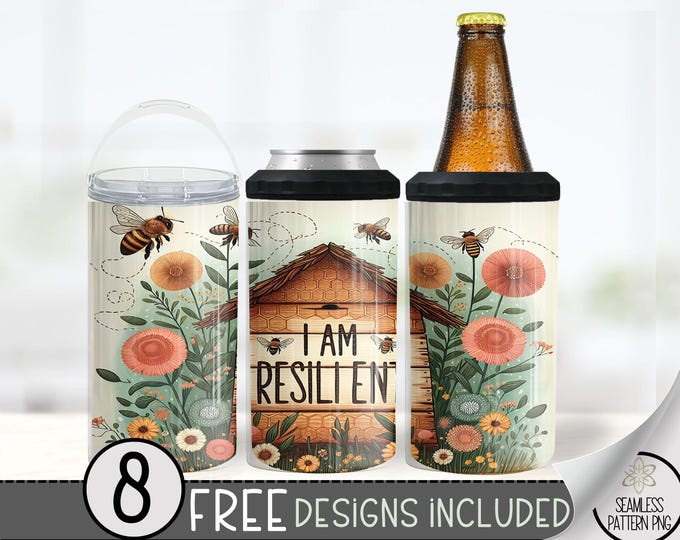 Bee Themed Can Cooler Design, Affirmation Sublimation Design, Watercolor Bee 4 In 1 Can Cooler, 16 oz Boho Can Holder Design Wrap PNG