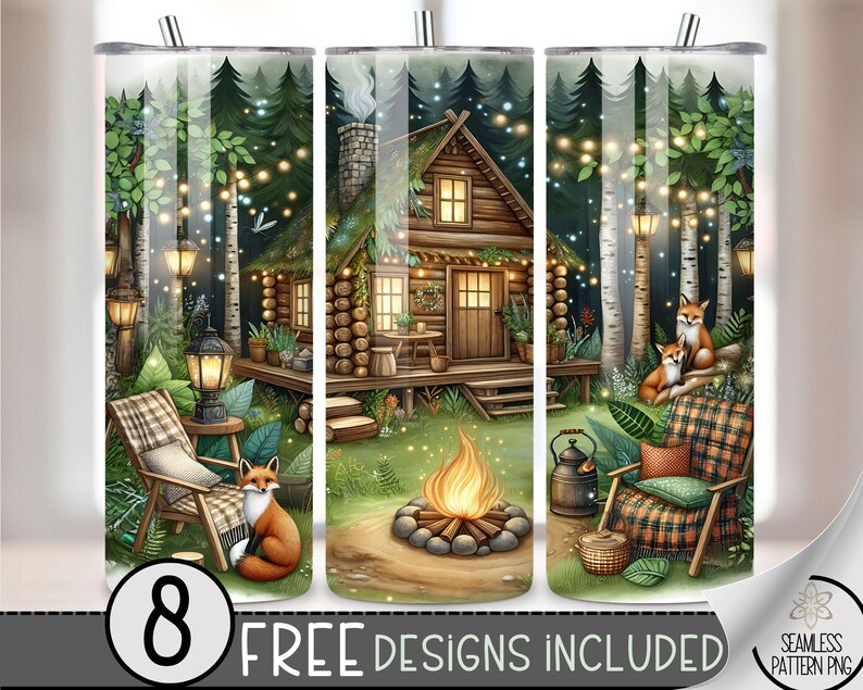 a picture of a cabin in the woods with a fire