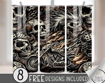 Motorcycle Tumbler Wrap, Biker Seamless Motorcycle Wrap Tumbler, 20oz Flaming Skull Tumbler Wrap, Motorcycle Sublimation Tumbler