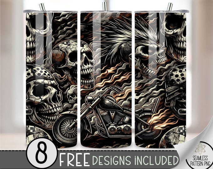 Motorcycle Tumbler Wrap, Biker Seamless Motorcycle Wrap Tumbler, 20oz Flaming Skull Tumbler Wrap, Motorcycle Sublimation Tumbler