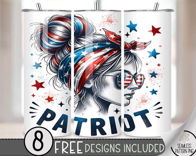 Patriot Tumbler Wrap PNG Digital Download 20 oz Skinny, Election Tumbler Sublimation Design, Military Seamless Sublimation Design, Messy Bun
