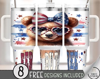 40oz Patriotic Bear Tumbler Wrap PNG, Feral But Free Sublimation Design, USA Animal Print for 40 oz Wrap, Fourth Of July Tumbler File A258