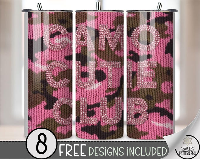 Camo Club 20 Oz Tumbler Wrap, Pink Faux Yarn Sublimation Design For Straight Tumblers, B935