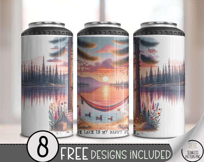 The Lake Is My Happy Place 4-in-1 Can Cooler Wrap PNG, Peaceful Hammock Camping Scene,16 oz 4 in 1 Lake Life Sunset Sublimation Design, A300