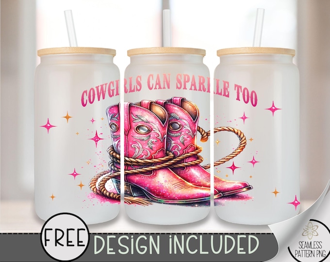 Western Rodeo Glass Can Wrap PNG, Country Cowgirl Boots File, Sparkle & Tassel Clipart for Sublimation Design, A356