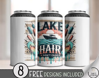 4-in-1 Can Cooler Wrap PNG, Lake Hair Don’t Care Summer Sublimation Wrap, 4in1 Retro Boat and Flip Flop Lake Life Design, A323
