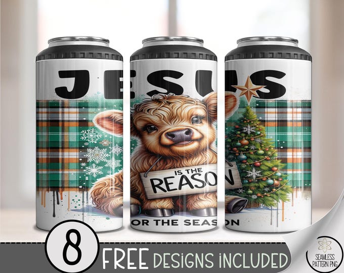 Christmas Highland Cow 4in1 Can Cooler Wrap, Jesus Is The Reason For The Season Sublimation Design, A573