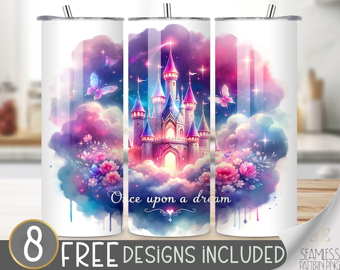 Girl Tumbler Wrap,Castle 20 Oz Skinny Tumbler Sublimation Design,Fantasy Png Tumbler Wrap,Butterfly Png File,Once  Upon A Dream Tumbler File