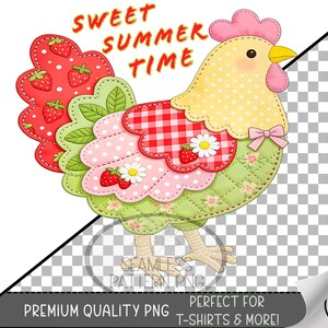 May include: A colorful cartoon chicken illustration with a patchwork design. The chicken features a red strawberry tail, a yellow body with polka dots, and a pink comb. The text "SWEET SUMMER TIME" is above the chicken. The image is labeled "PREMIUM QUALITY PNG" and "PERFECT FOR T-SHIRTS & MORE!"