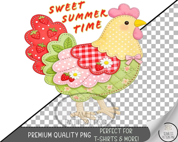 Summer Hen Sublimation Design, Farmhouse Chicken UV DTF Graphic, Patchwork Clip Art, Digital Download, B10172