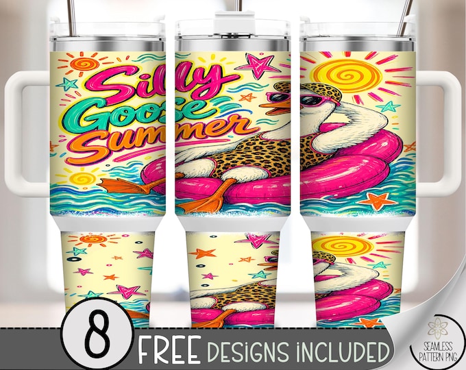 Silly Goose Summer 40 oz Tumbler Wrap, Fun Beachy Sublimation Design, Retro PNG Files, Digital Download) B10198