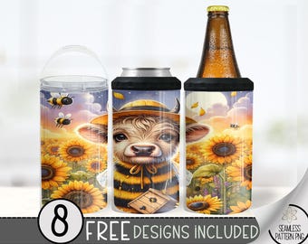 Cute Highland Cow 4in1 Can Cooler Design, Honey Bee Sublimation Design, Sunflower 4 In 1 Can Cooler, Bee 16 oz Can Holder Design Wrap