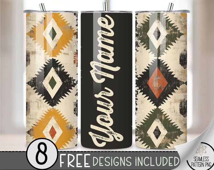Aztec Tumbler Wrap, Personalize Add Your Name Design, 20 Oz Sublimation Tumbler Design Seamless File, Faded Southwestern Tumbler PNG