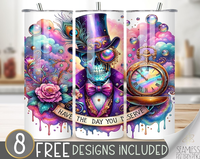 Skeleton Gentleman Tumbler Wrap, Have The Day You Deserve, Gothic Halloween Design, Spooky Skull 20oz Sublimation PNG, Pastel Steampunk PNG