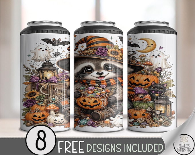 Halloween 4-in-1 Can Cooler Wrap, Raccoon Sublimation Design, 16 oz, Digital Download, B10413