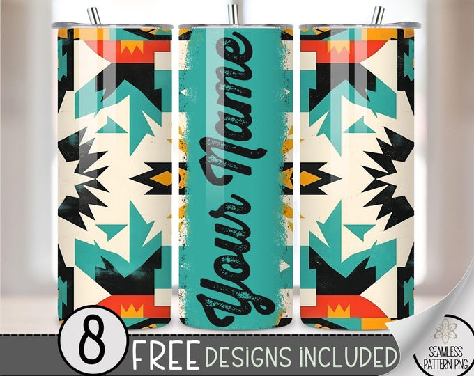 Add Your Own Name Vibrant Southwestern Tumbler Wrap, 20 oz Western Tumbler File, Digital Aztec Tumbler Wrap Design Download, Boho Cowgirl