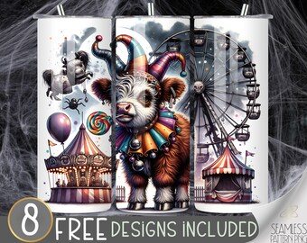 Creepy Highland Cow Tumbler Design, Circus Cow 20Oz Skinny Tumbler Wrap PNG, Cute Highland Cow Tumbler Sublimation Design, Halloween Cow PNG