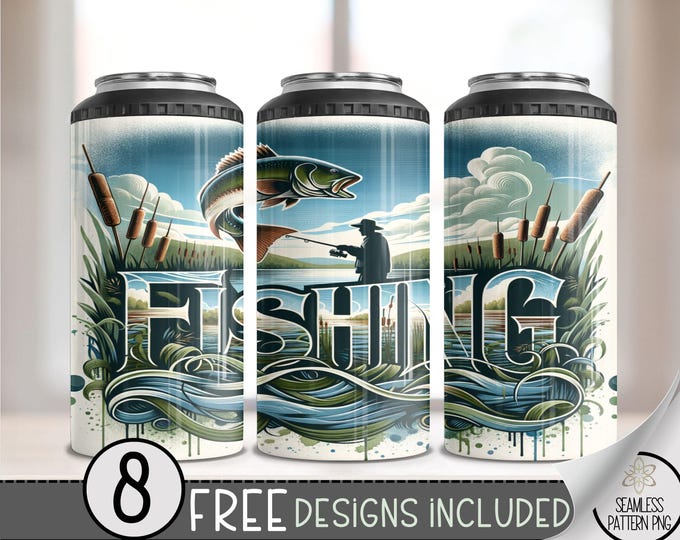 Bass Fishing Floral 4in1 Can Cooler Wrap, Funny Fisherman 4 in 1 Tumbler PNG, Fishing Is My Therapy 16 Oz Can Cooler Sublimation Design