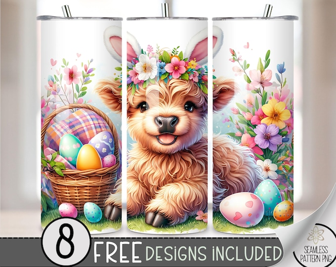 Highland Cow Easter Tumbler Wrap, Bunny Floral 20oz Skinny Tumbler Sublimation Design, Egg Easter Tumbler Wrap File PNG,Seamless Floral File