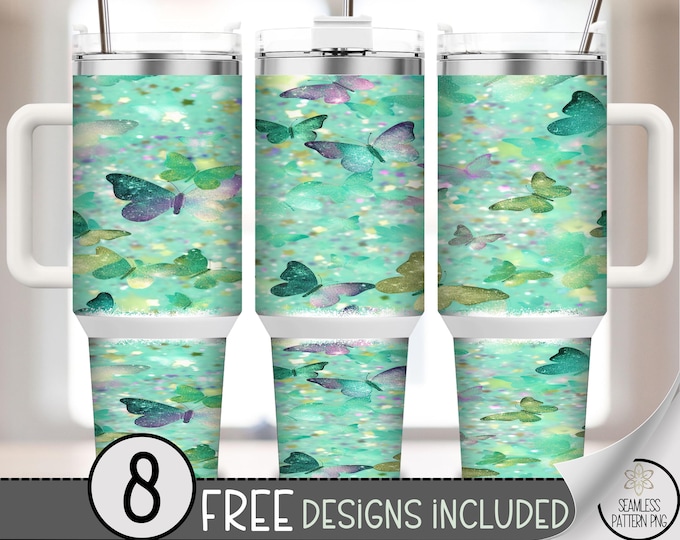Glitter Butterfly 40 oz Tumbler Wrap PNG, Teal Purple Holographic Butterfly Cup Design, Sparkly Summer Skinny Tumbler Sublimation A275