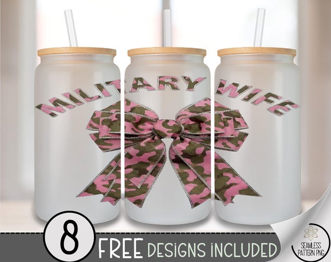 Military Wife PNG, Pink Camo Bow Glass Can Wrap, Girly Supportive Sublimation Design, Digital Download, B962
