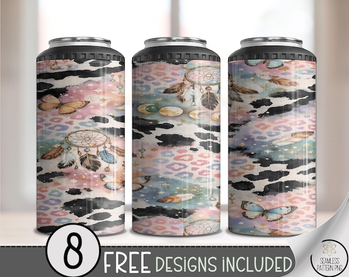 Bohemian Dreamcatchers 4-in-1 Can Cooler Wrap, Pastel Feather Sublimation Design, Whimsical 16 oz 4-in-1 File, Floating Butterflies, B10010
