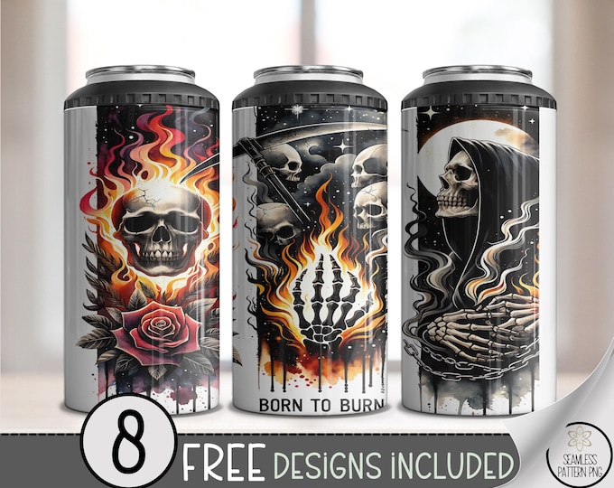 Gothic Skull Can Cooler Wrap, Dark Ink Wrap, 4 in 1 Design, Reaper and Skull Flames, Edgy Beverage Holder, Printable Skull PNG, A425