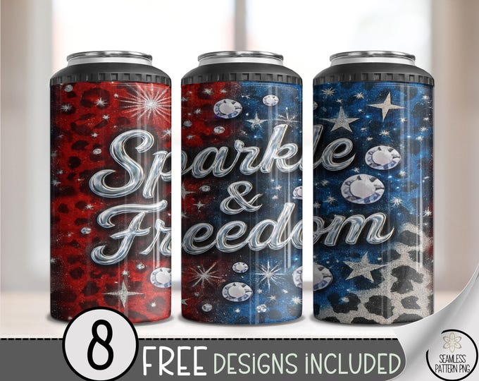 Fourth of July 4-in-1 Can Cooler Wrap, Patriotic Sparkle Sublimation Design, Americana Glam 16 oz 4-in-1 File, Digital Download, B10144