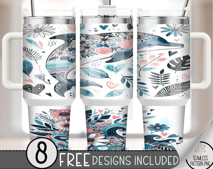 Dolphin Tumbler Wrap, Coast Ocean 40 Ounce Sublimation Design, 40 oz Tropical Summer Beach Floral 40oz Quencher Tumbler PNG, Boho File A202